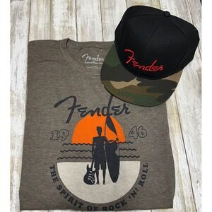 Fender Sunset Spirit Olive Graphic T-Shirt & Hat Bundle - Rock‎ 'n' Roll